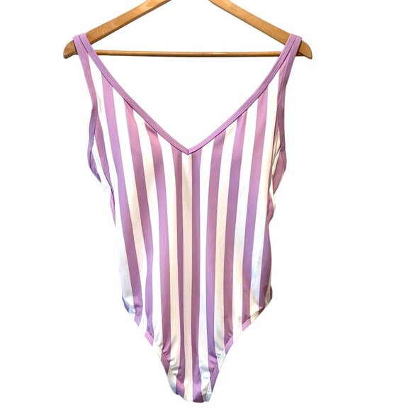 Kona Sol One Piece Purple Stripe Print V-Neck Adjustable Bathing Suit Size L - Picture 3 of 11